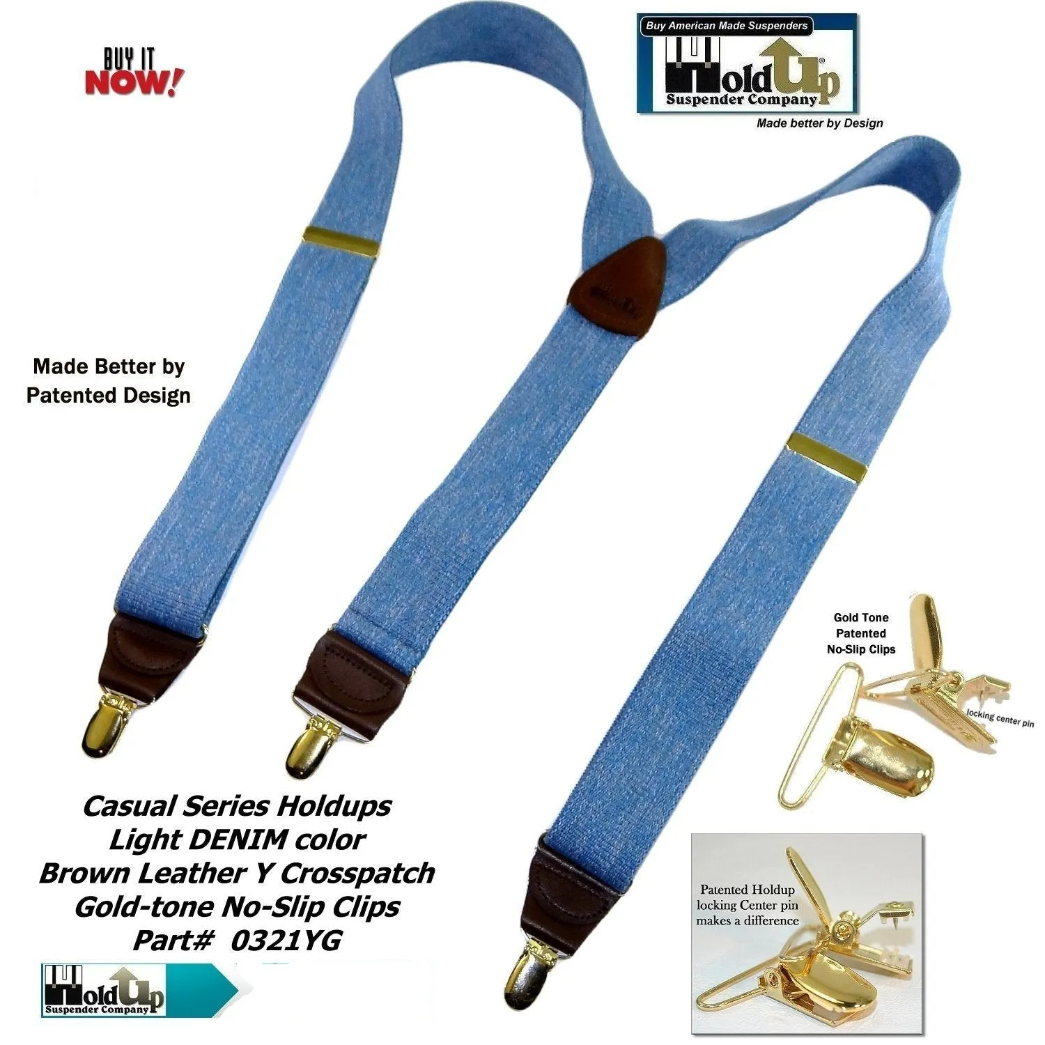 Holdup Suspender Company's Light Blue Denim Y-back Suspenders 1 1/2" width with USA  Patented No-slip Gold-tone Clips