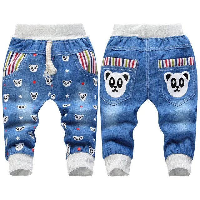 Hot Sale! 2016 New  Kids Jeans Elastic Waist Straight Bear Pattern Denim Seventh Pants Retail Boy Jeans For 2-5 Years WB142