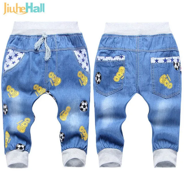 Hot Sale! 2016 New  Kids Jeans Elastic Waist Straight Bear Pattern Denim Seventh Pants Retail Boy Jeans For 2-5 Years WB142