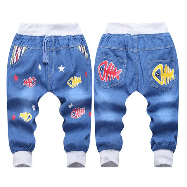 Hot Sale! 2016 New  Kids Jeans Elastic Waist Straight Bear Pattern Denim Seventh Pants Retail Boy Jeans For 2-5 Years WB142