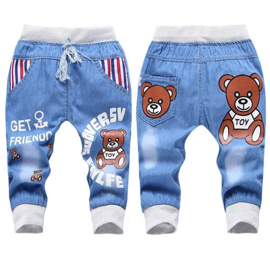 Hot Sale! 2016 New  Kids Jeans Elastic Waist Straight Bear Pattern Denim Seventh Pants Retail Boy Jeans For 2-5 Years WB142