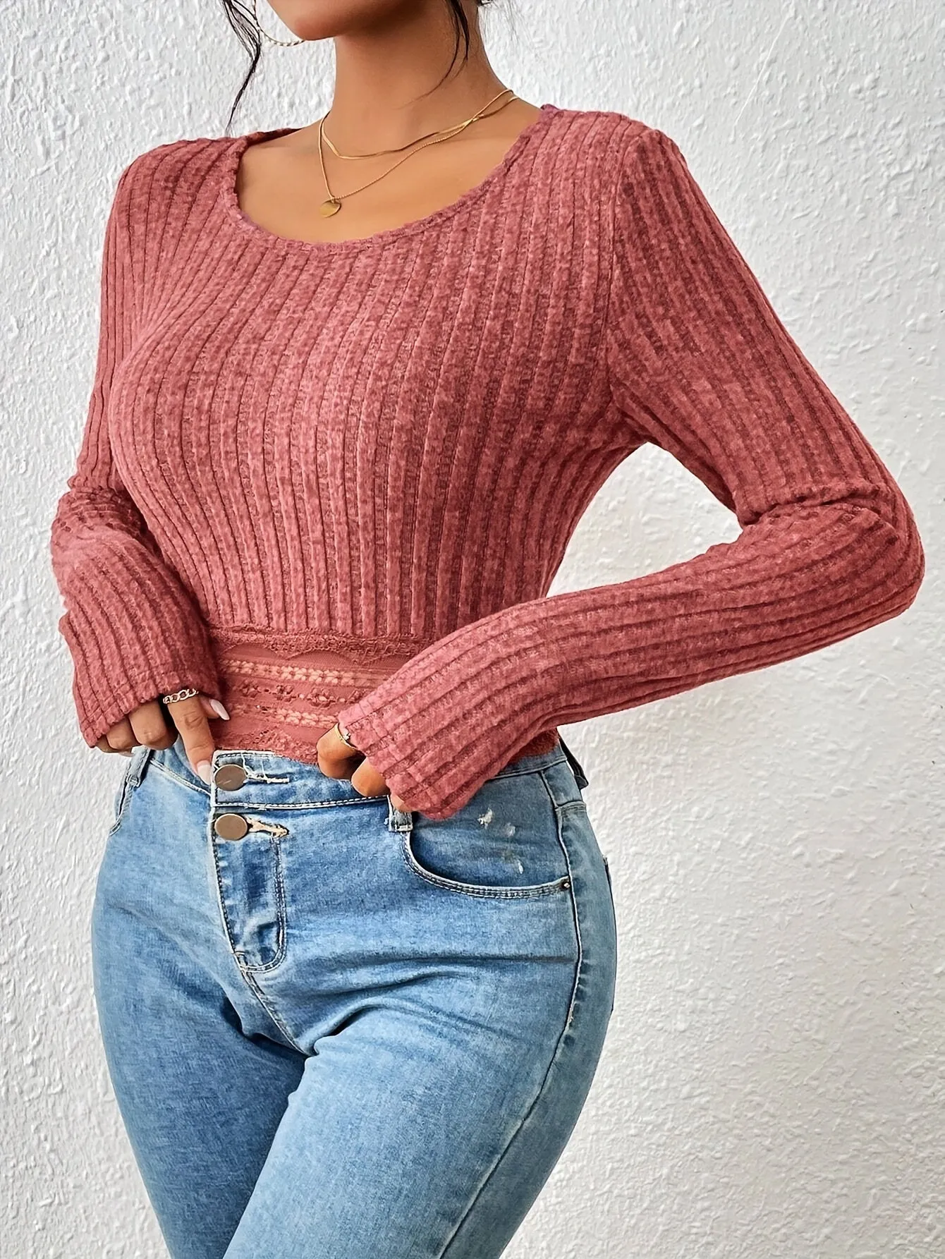 Lace Hem Ribbed Tee Casual Cropped Top for Women