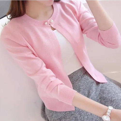 lollas New Solid Color Fashion Women Sweater Female Cardigan Thin Outerwear Summer Short Design Knit Long-sleeve Sweater