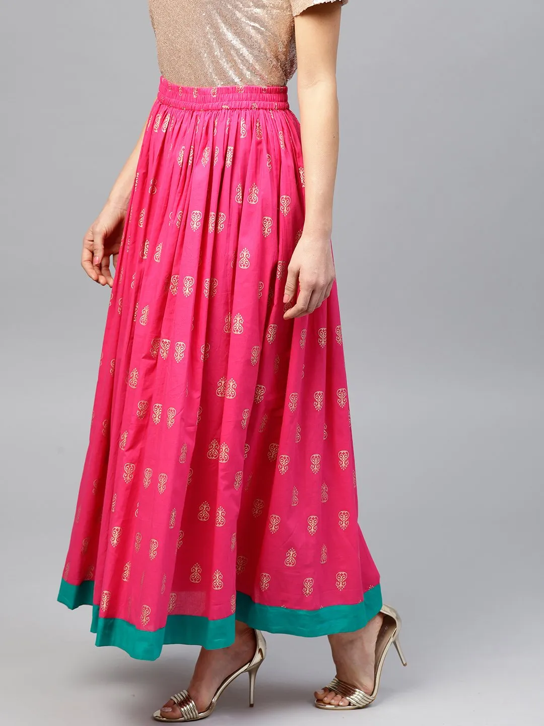 Magenta Printed Flared Ankle Length Skirt