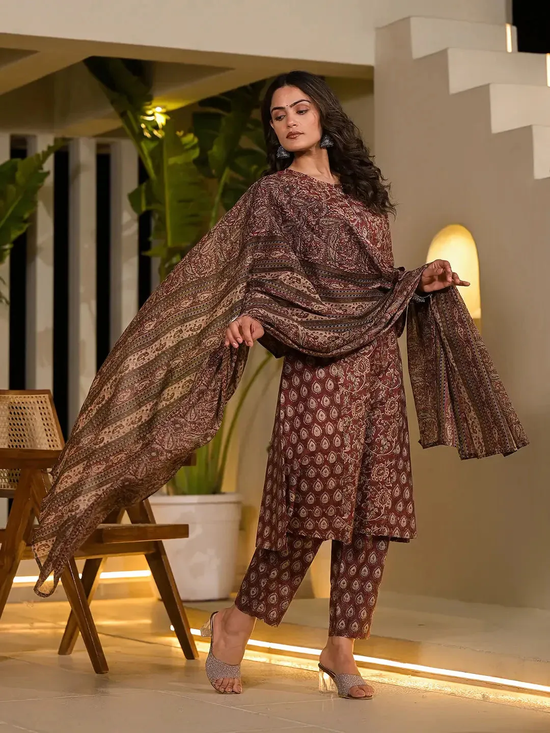 Maroon Ethnic Motifs Pure Cotton A-Line Kurta With Trousers And Dupatta Set