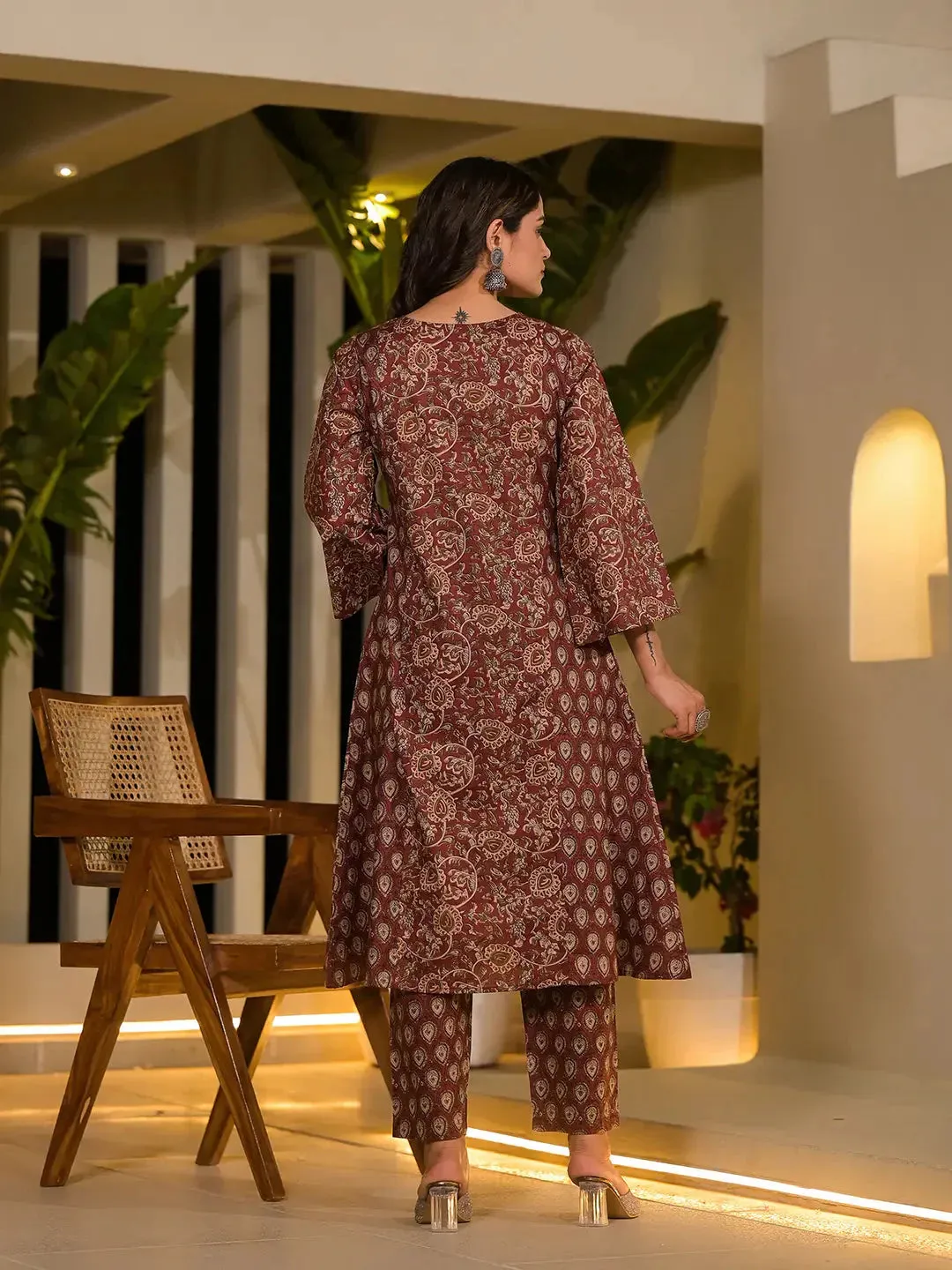 Maroon Ethnic Motifs Pure Cotton A-Line Kurta With Trousers And Dupatta Set