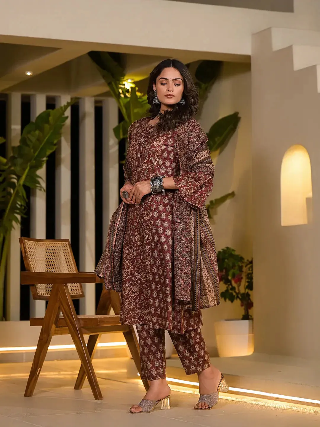 Maroon Ethnic Motifs Pure Cotton A-Line Kurta With Trousers And Dupatta Set