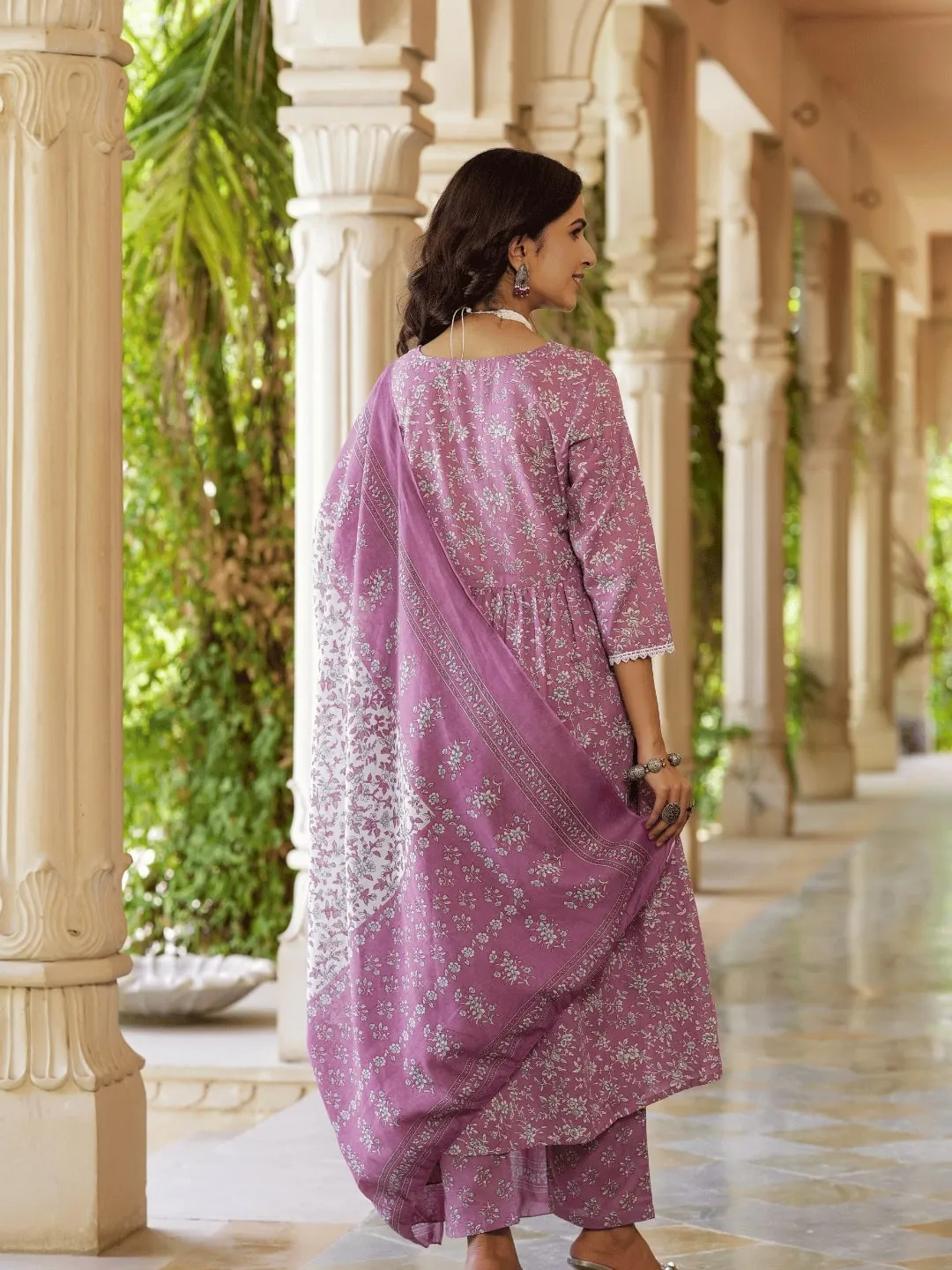 Mauve Floral Printed Regular Pure Cotton Alia-Cut Kurta With Trousers & With Dupatta Set