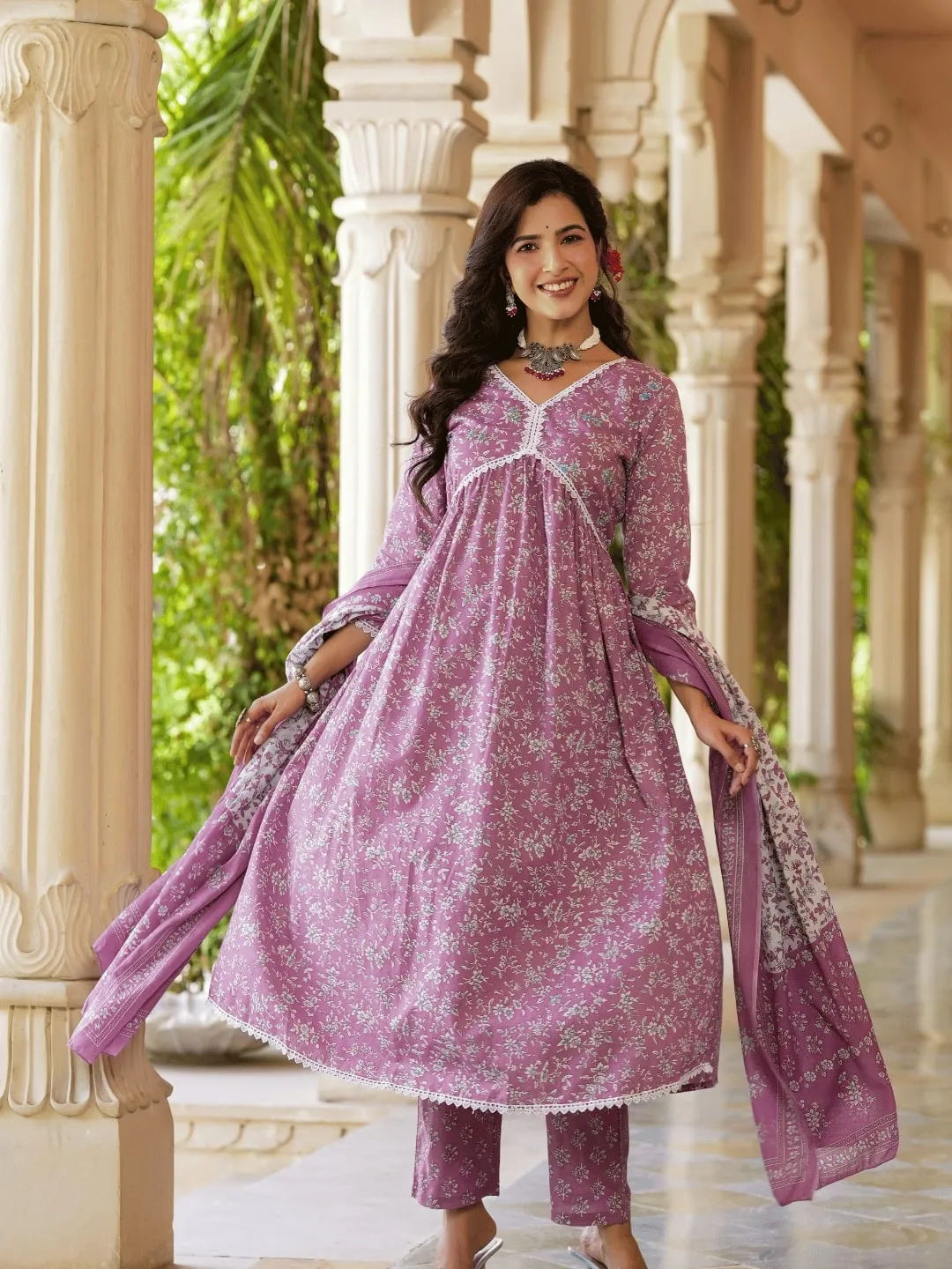 Mauve Floral Printed Regular Pure Cotton Alia-Cut Kurta With Trousers & With Dupatta Set