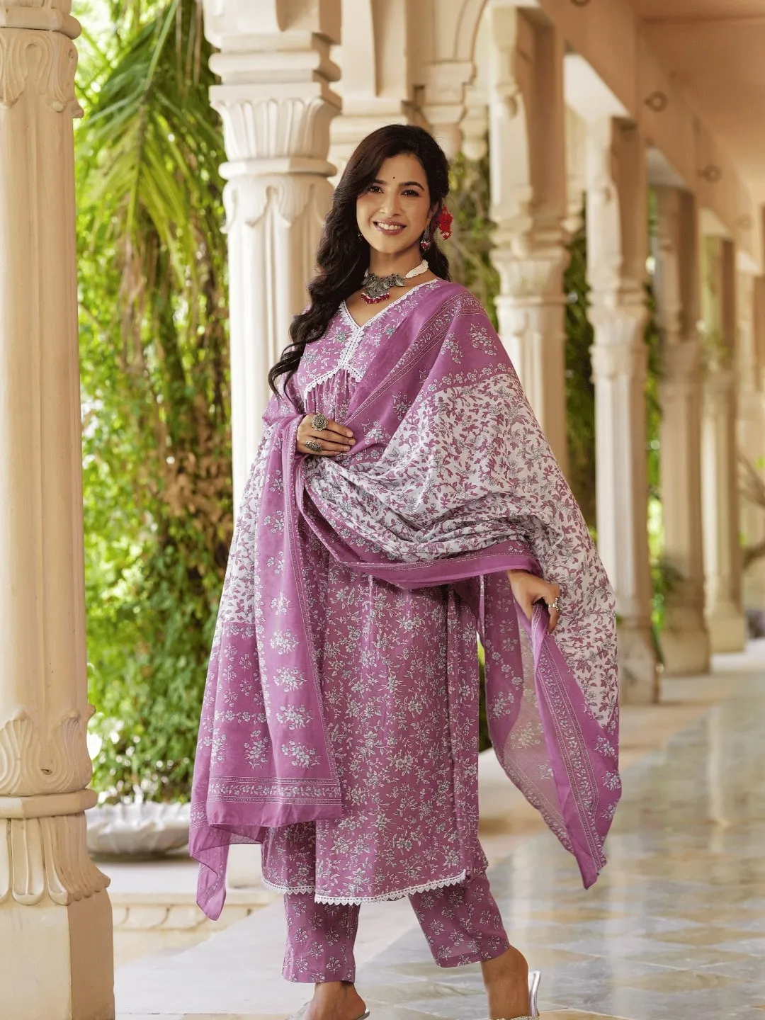 Mauve Floral Printed Regular Pure Cotton Alia-Cut Kurta With Trousers & With Dupatta Set