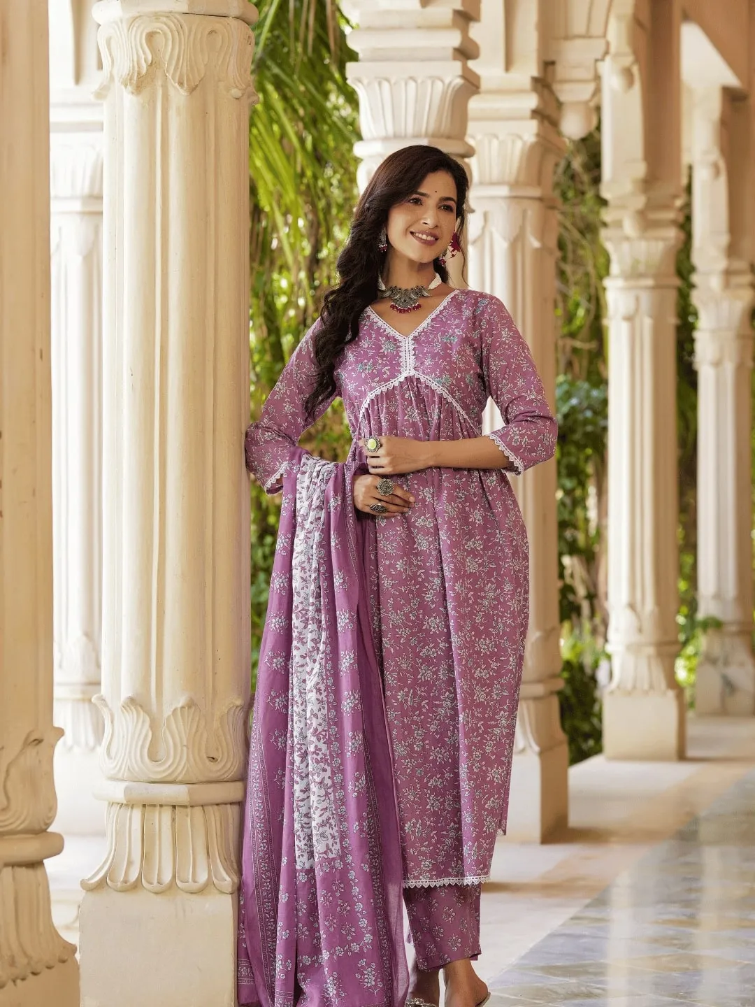 Mauve Floral Printed Regular Pure Cotton Alia-Cut Kurta With Trousers & With Dupatta Set