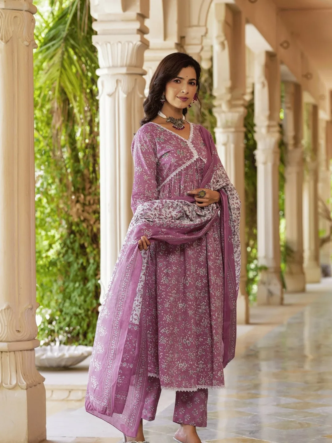 Mauve Floral Printed Regular Pure Cotton Alia-Cut Kurta With Trousers & With Dupatta Set