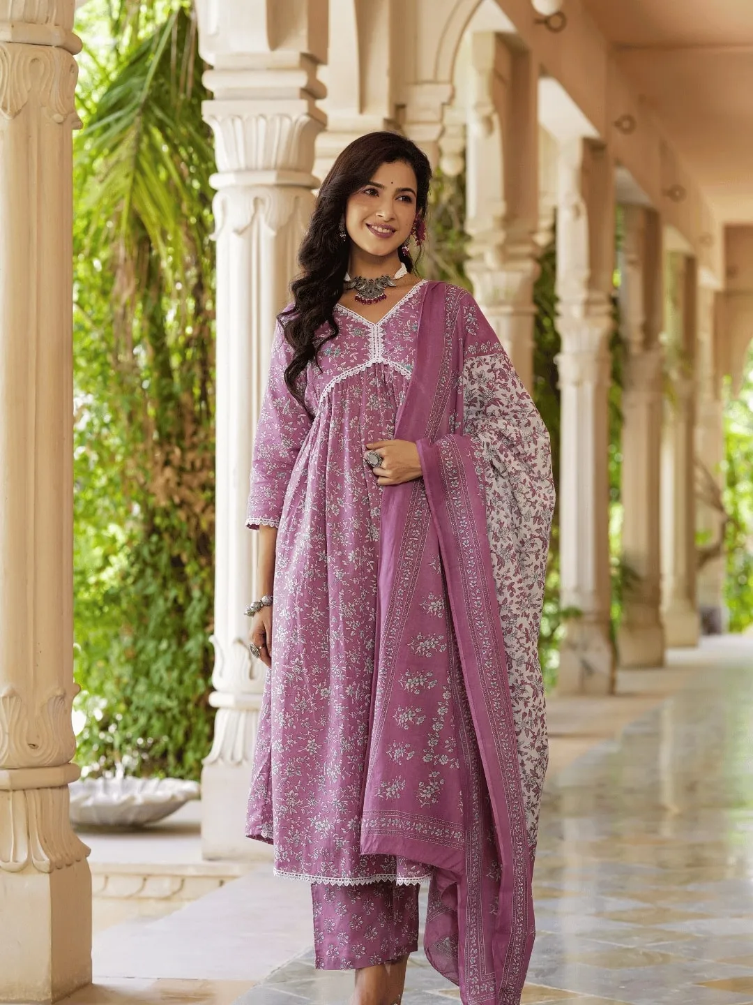 Mauve Floral Printed Regular Pure Cotton Alia-Cut Kurta With Trousers & With Dupatta Set