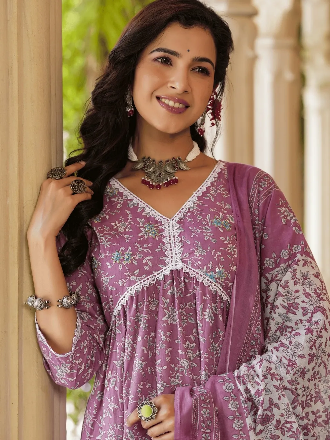 Mauve Floral Printed Regular Pure Cotton Alia-Cut Kurta With Trousers & With Dupatta Set