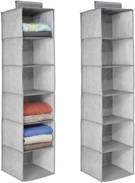 Mdesign Long Soft Fabric over Closet Rod Hanging Storage Organizer with 6 Shelves for Clothes, Leggings, Lingerie, T Shirts - Textured Print with Solid Trim - 2 Pack - Gray