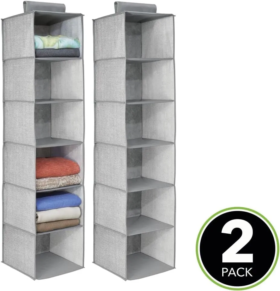 Mdesign Long Soft Fabric over Closet Rod Hanging Storage Organizer with 6 Shelves for Clothes, Leggings, Lingerie, T Shirts - Textured Print with Solid Trim - 2 Pack - Gray