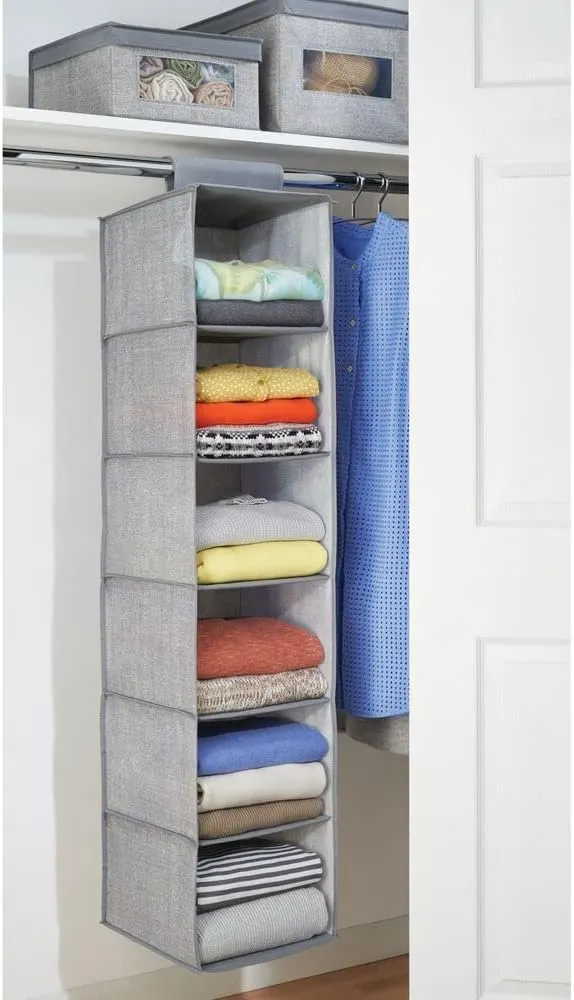 Mdesign Long Soft Fabric over Closet Rod Hanging Storage Organizer with 6 Shelves for Clothes, Leggings, Lingerie, T Shirts - Textured Print with Solid Trim - 2 Pack - Gray