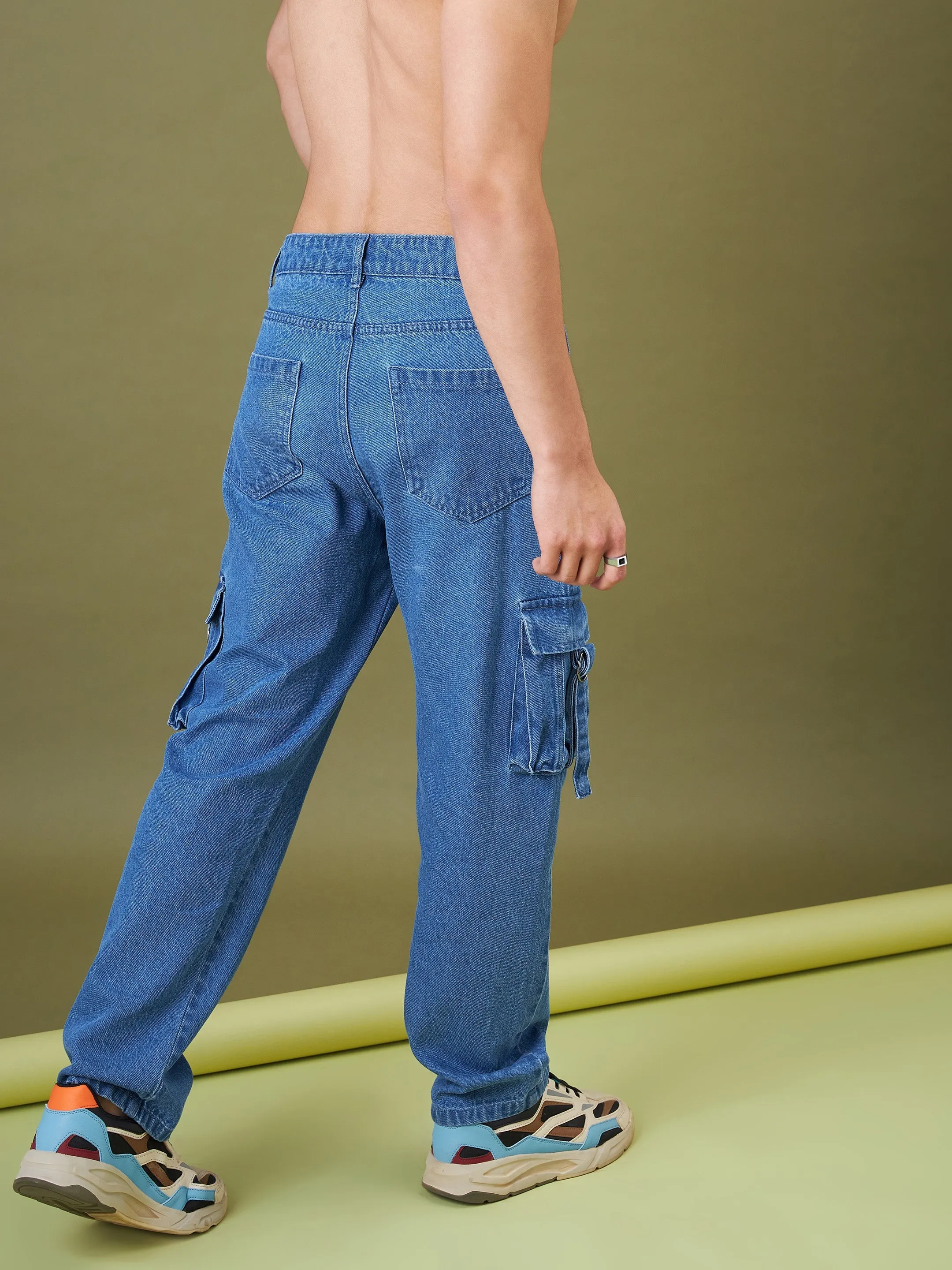 Men Ice Blue Box Pocket Relax Fit Jeans