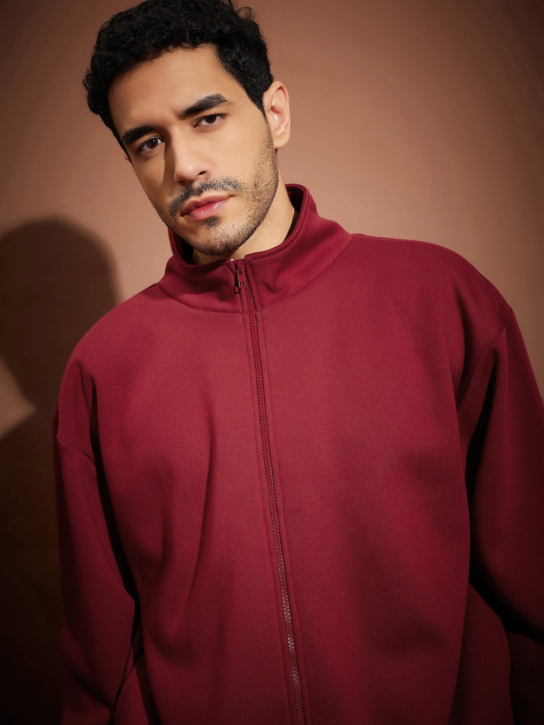 Men Maroon Front Zipper Oversized Sweatshirt With Joggers