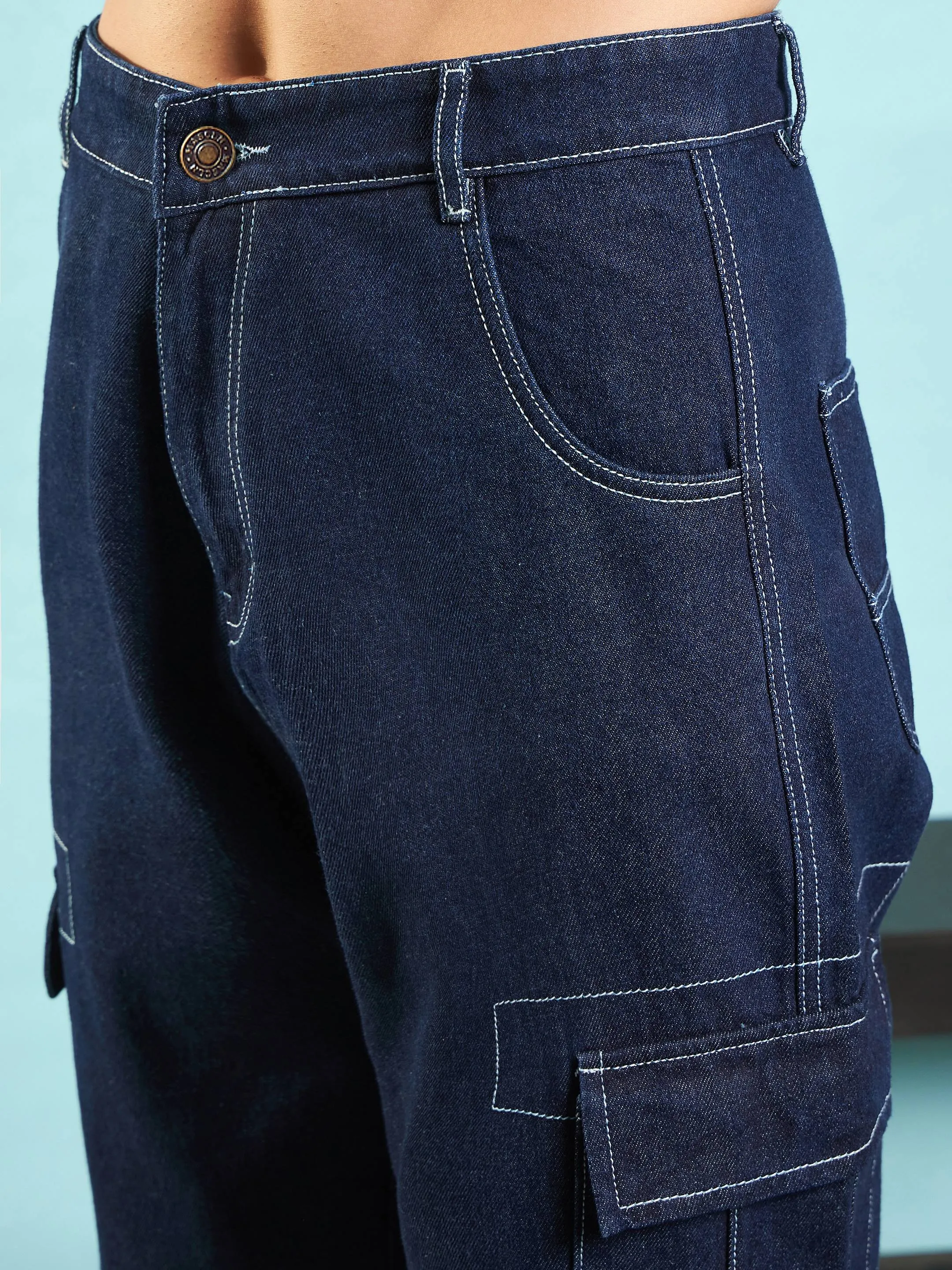 Men Navy Cargo Pocket Loose Fit Jeans