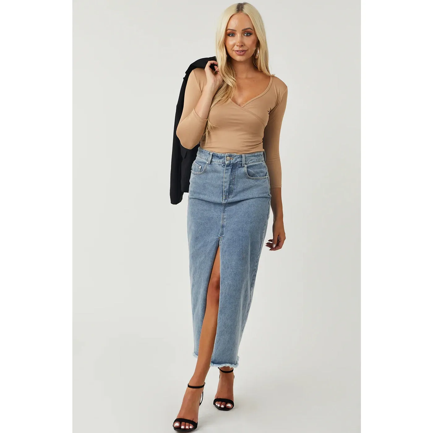 Mid Blue High Waist Denim Skirt