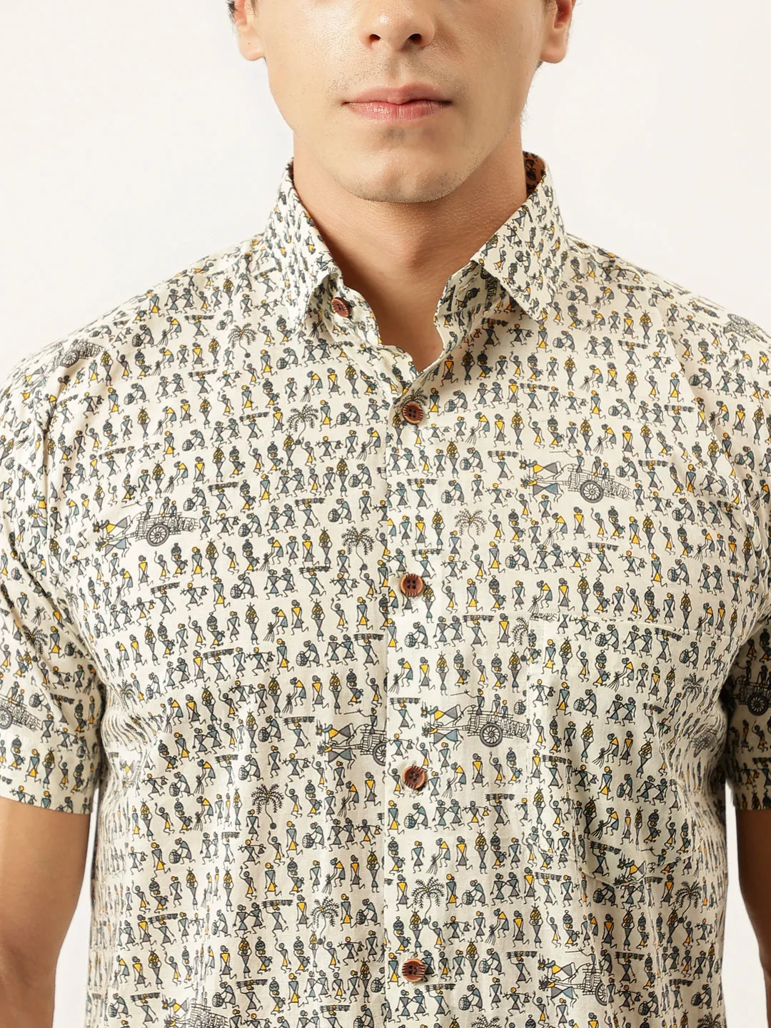 Millennial Men White Printed Cotton Half Sleeve Shirts