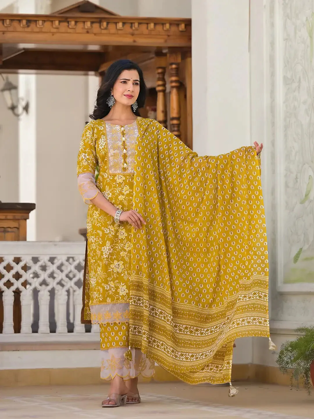 Mustard Floral Print Pakistani Style Kurta Trouser And Dupatta Set