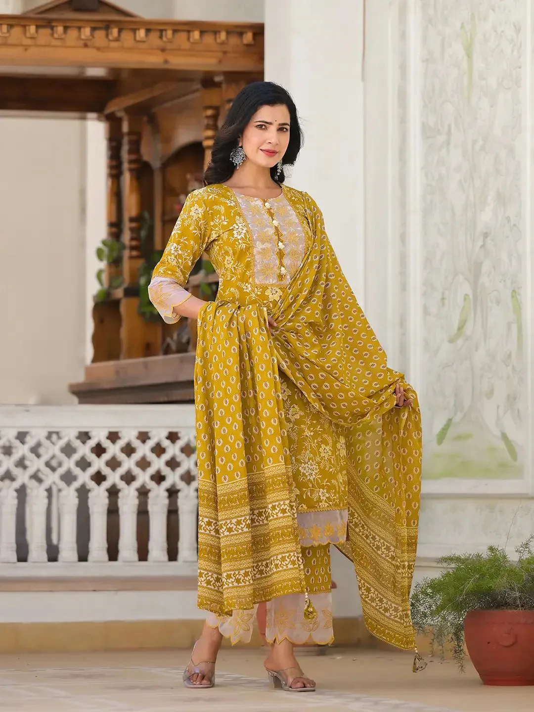 Mustard Floral Print Pakistani Style Kurta Trouser And Dupatta Set