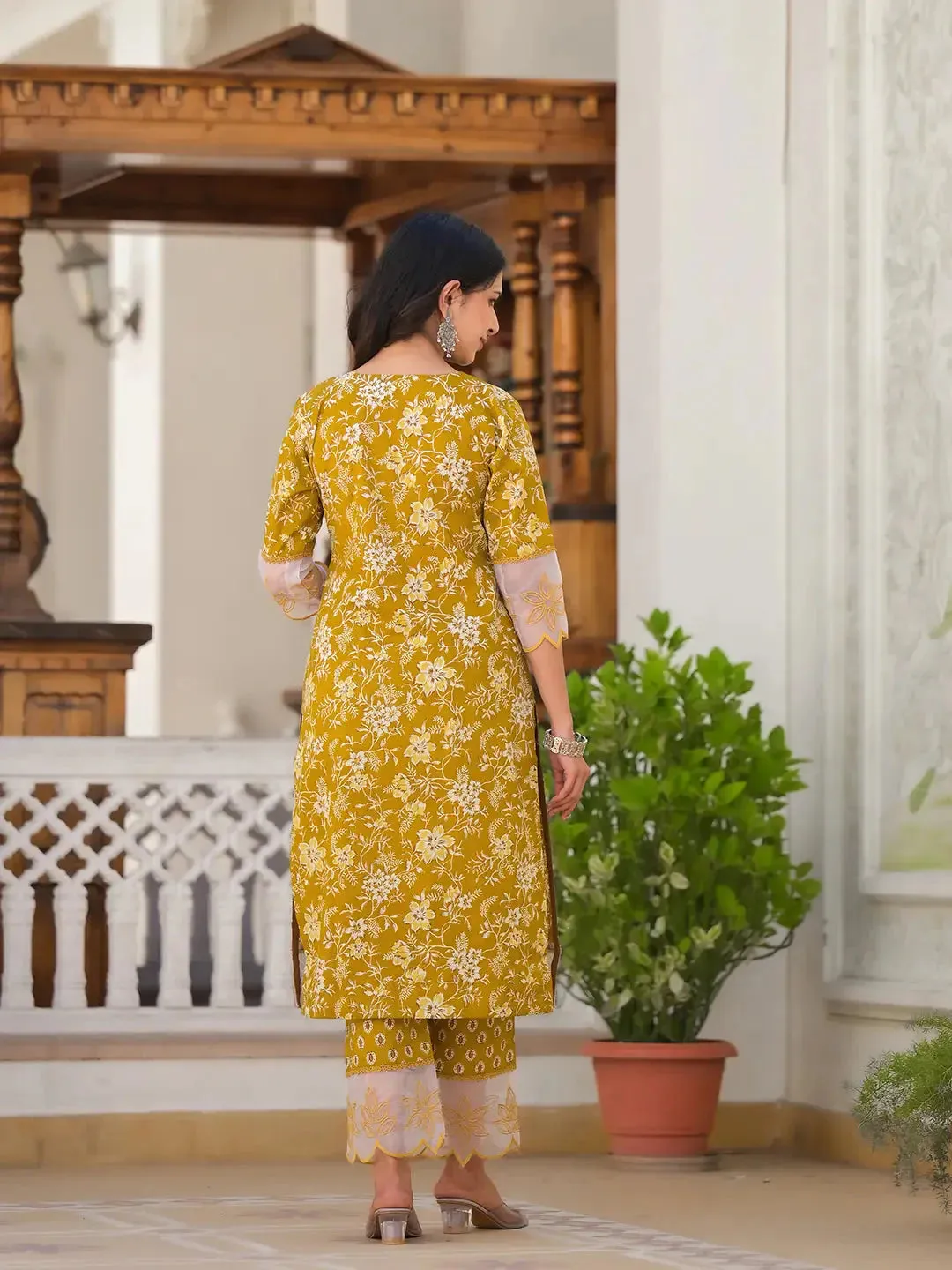 Mustard Floral Print Pakistani Style Kurta Trouser And Dupatta Set