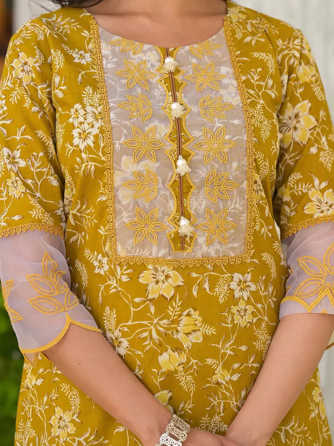 Mustard Floral Print Pakistani Style Kurta Trouser And Dupatta Set