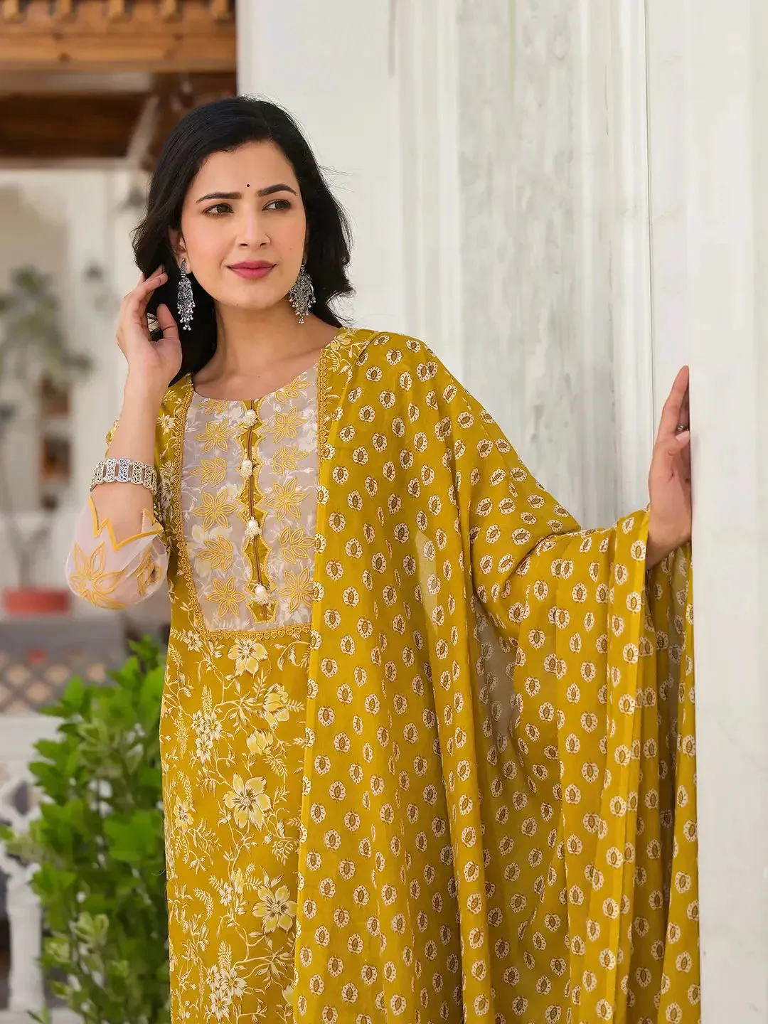 Mustard Floral Print Pakistani Style Kurta Trouser And Dupatta Set