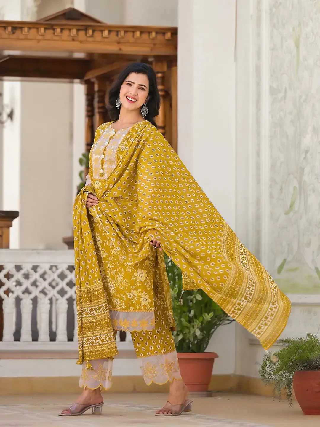 Mustard Floral Print Pakistani Style Kurta Trouser And Dupatta Set