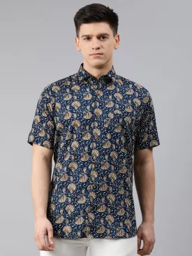 Navy Blue Cotton Short Sleeves Shirts For Men-Mmh005