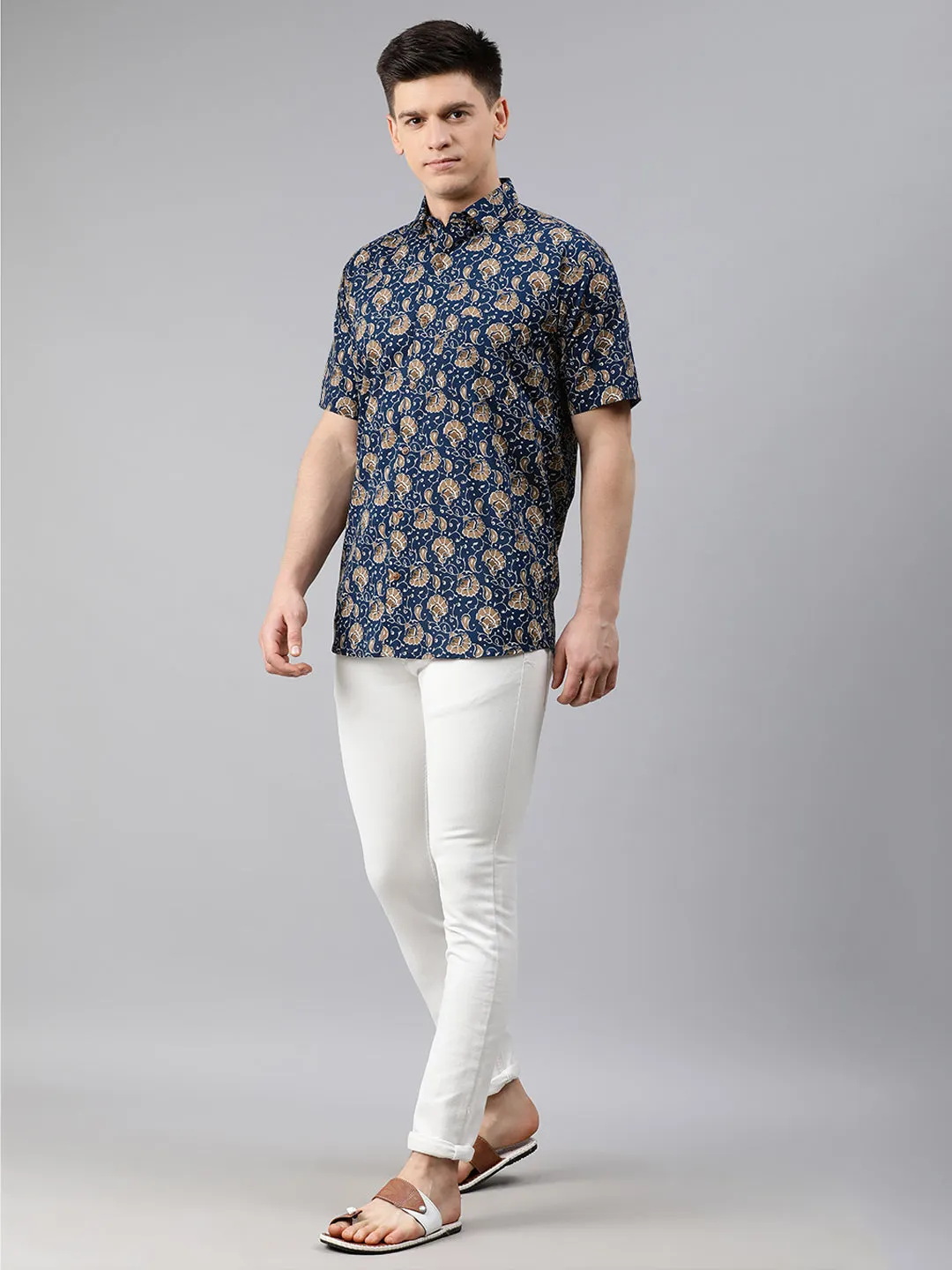 Navy Blue Cotton Short Sleeves Shirts For Men-Mmh005