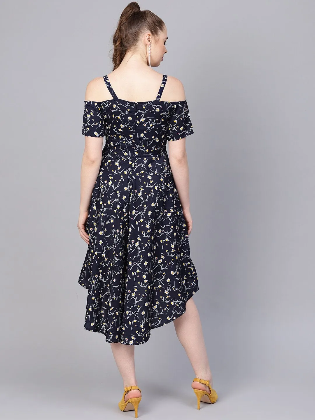 Navy Blue Floral Printed Dress With Shoulder Strap & Detailed Sleeves