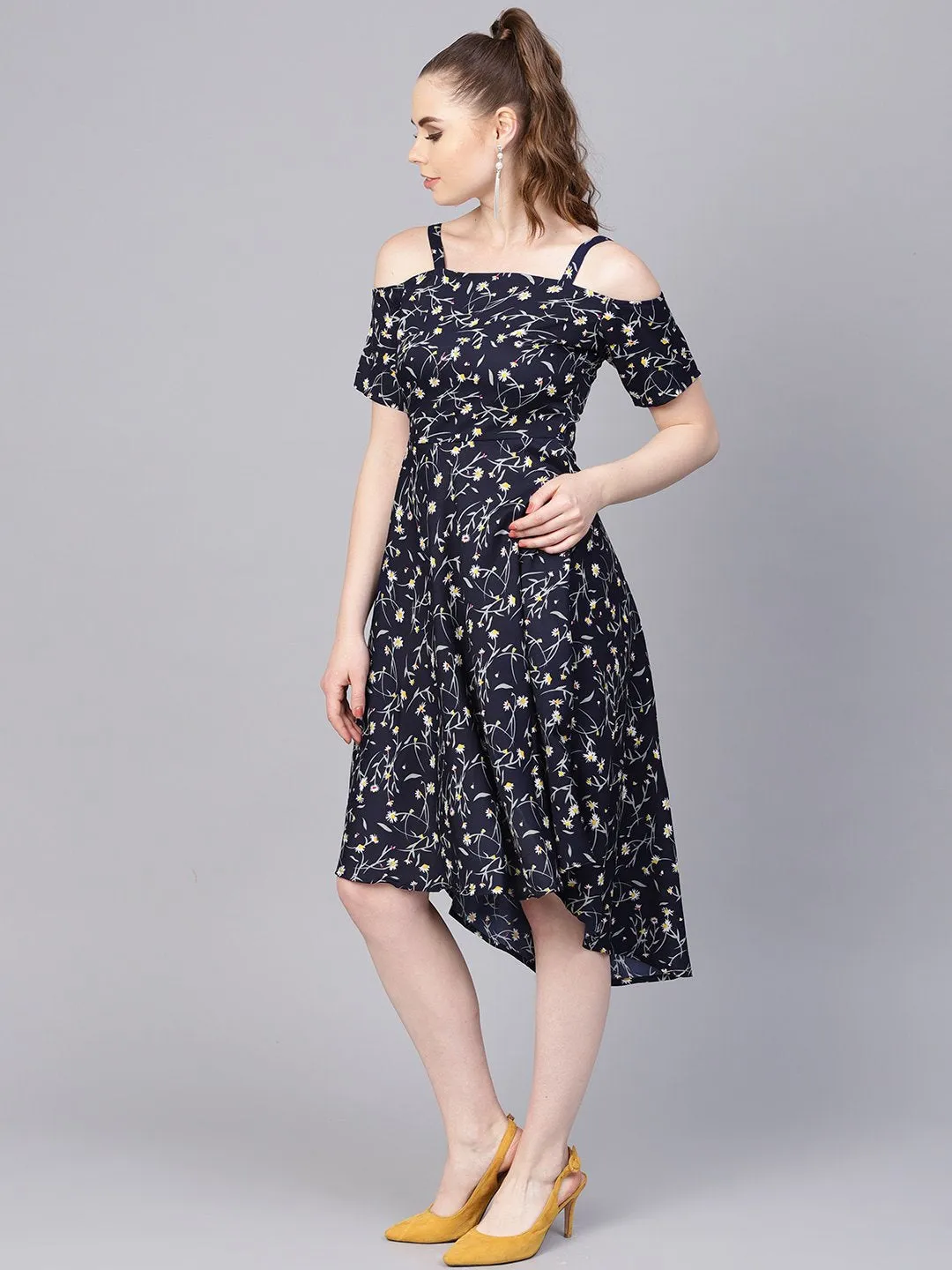 Navy Blue Floral Printed Dress With Shoulder Strap & Detailed Sleeves