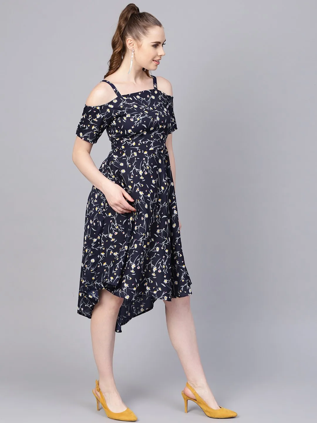 Navy Blue Floral Printed Dress With Shoulder Strap & Detailed Sleeves