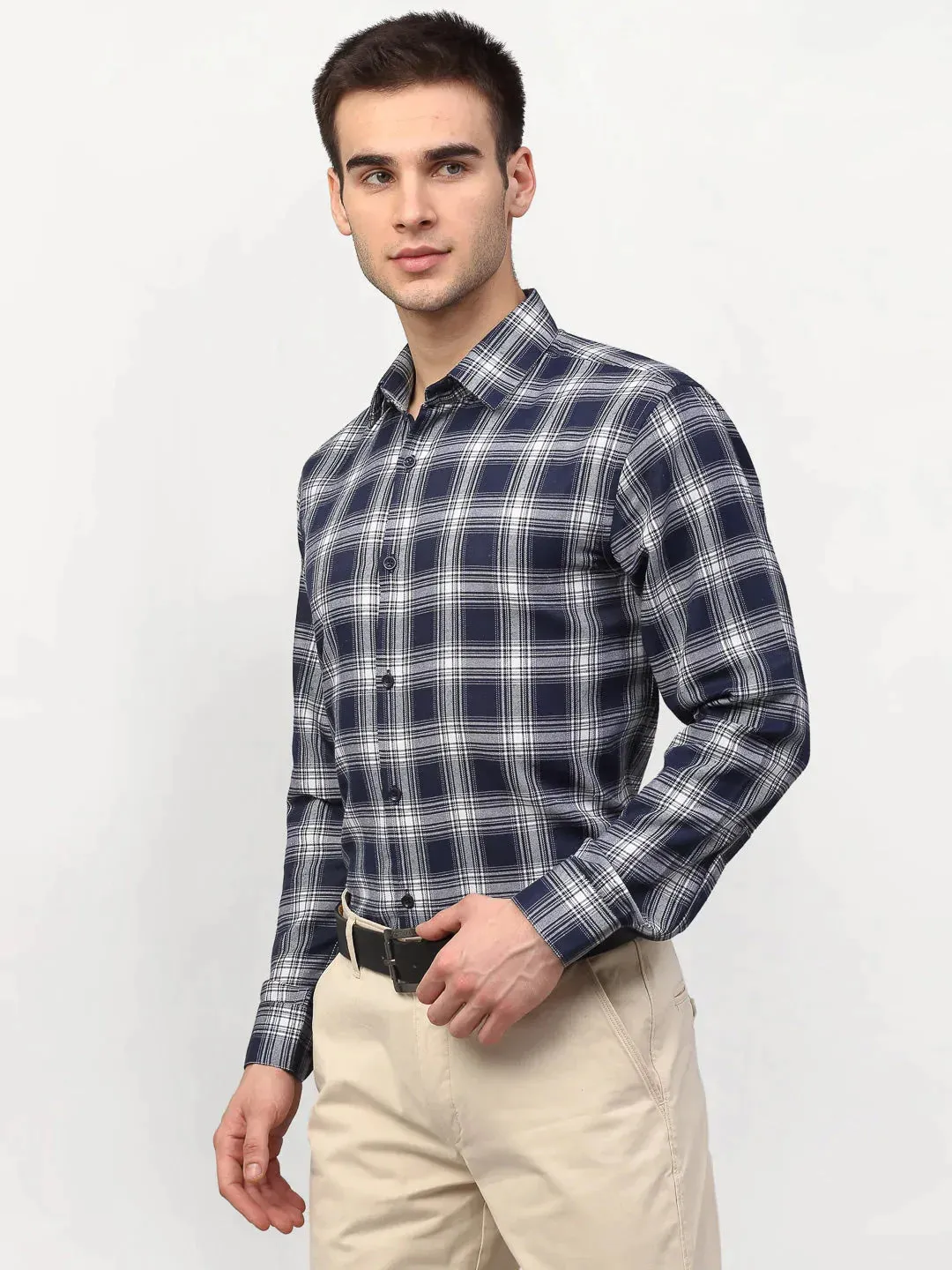 Navy Blue Men'S Checked Formal Shirts