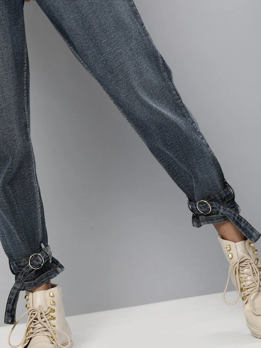 Navy Washed Ring Detail High Waist Jeans