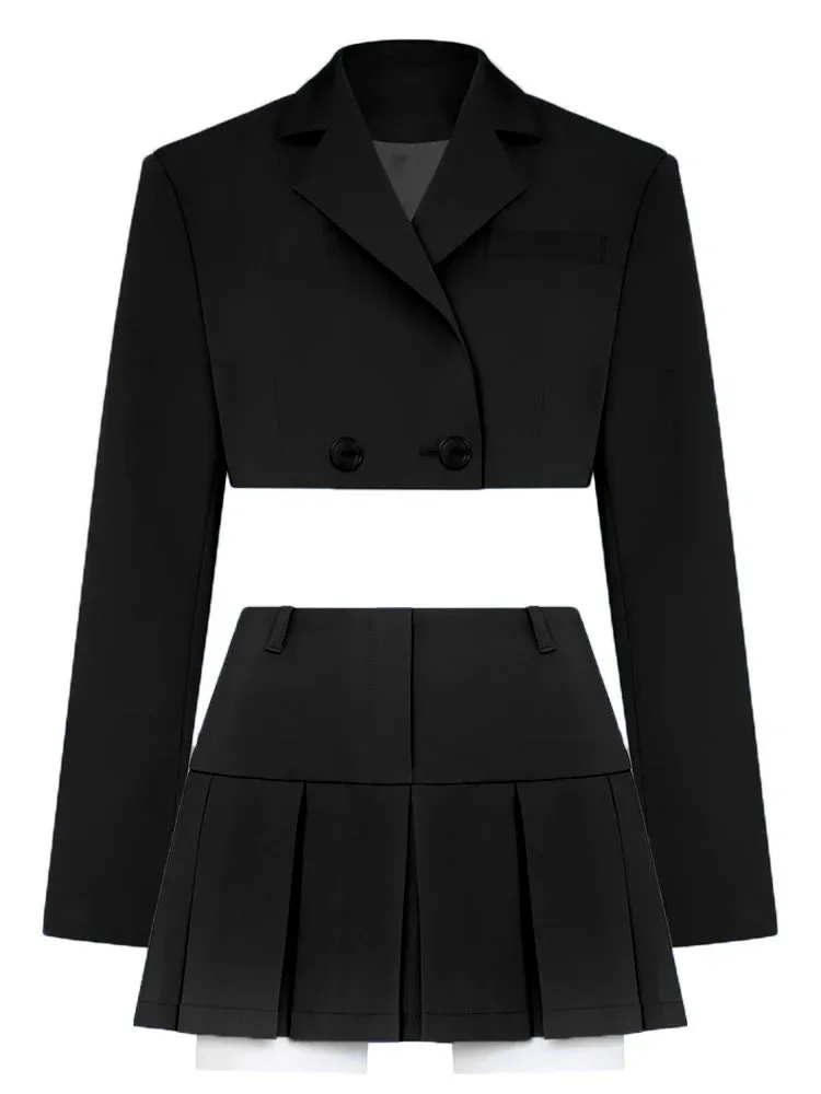 Neon Cropped Two Piece Womens Set/Black Matching Sets With Skirt & Blazer