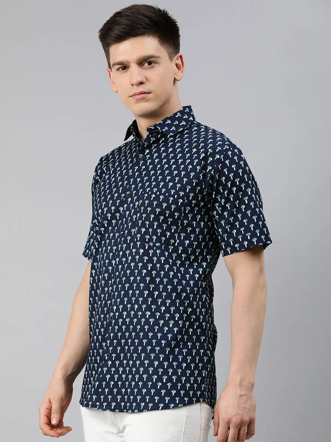 Nevy Blue Cotton Short Sleeves Shirts For Men-Mmh024