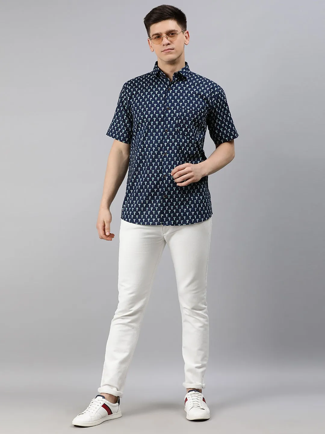 Nevy Blue Cotton Short Sleeves Shirts For Men-Mmh024