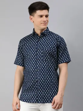 Nevy Blue Cotton Short Sleeves Shirts For Men-Mmh024