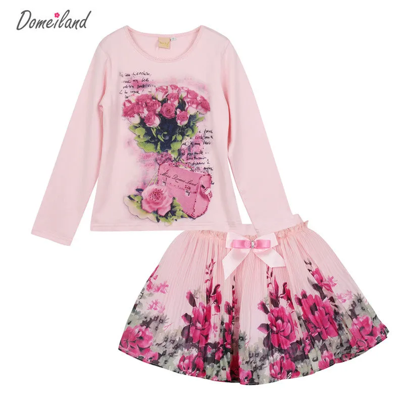 New Fashion 2017 domeiland Outfits Sets For Cute Kids Girl Print Floral Long Sleeve Shirts Tops Tutu Skirts Sets Bow Clothes