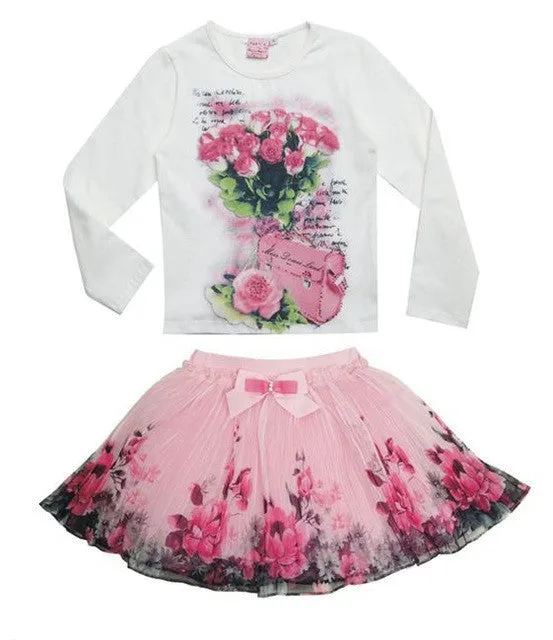 New Fashion 2017 domeiland Outfits Sets For Cute Kids Girl Print Floral Long Sleeve Shirts Tops Tutu Skirts Sets Bow Clothes