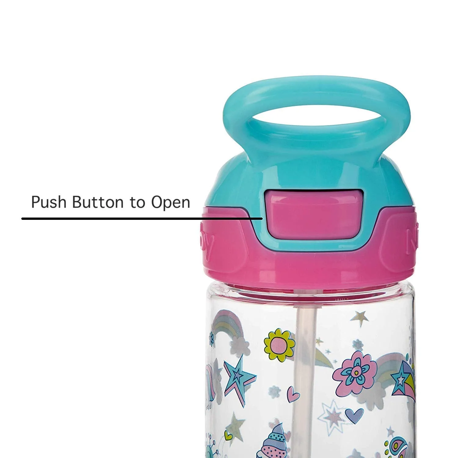 Nuby Push Button Flip-it Soft Spout Tritan Water Bottle, Pink Unicorns, 18 Oz