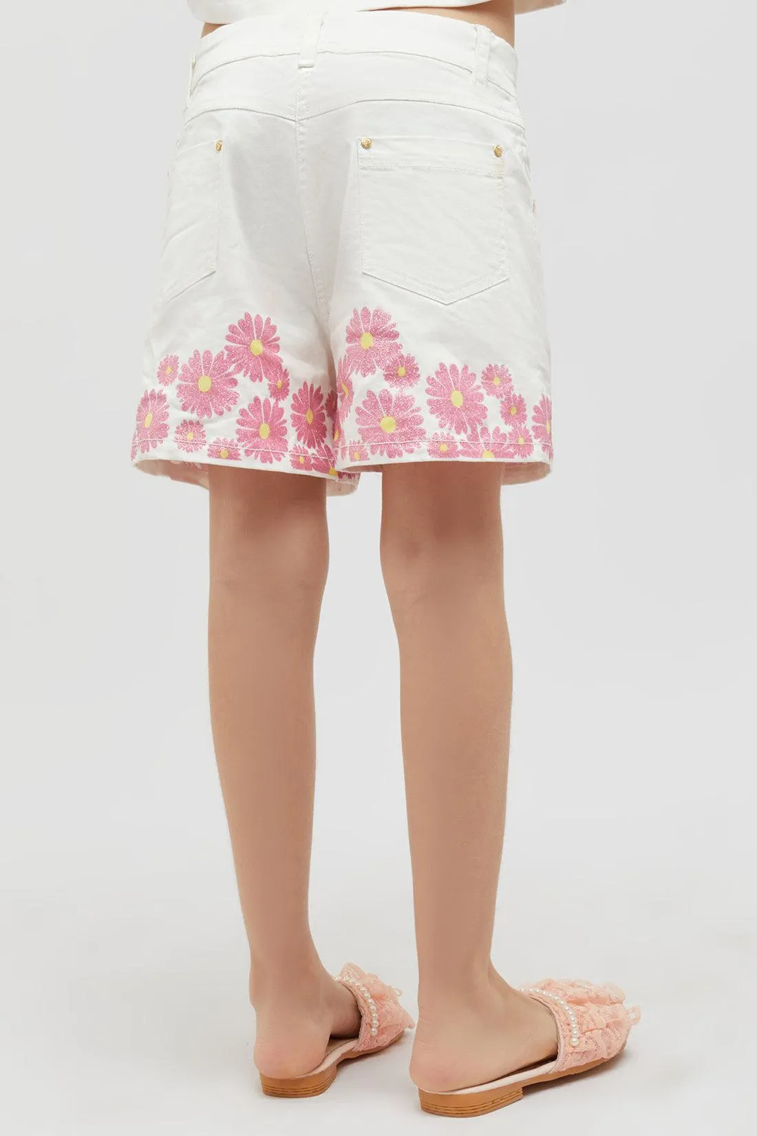 One Friday Off White Shorts With Pink Flower Print