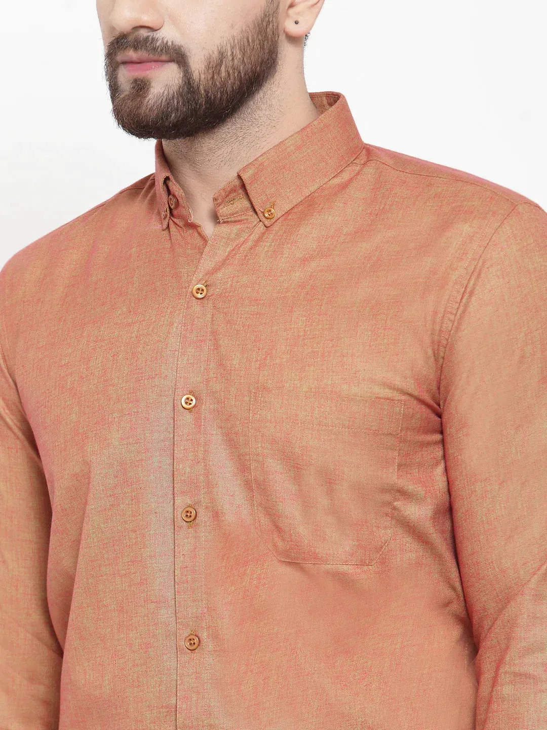 Orange Men'S Cotton Solid Button Down Formal Shirts