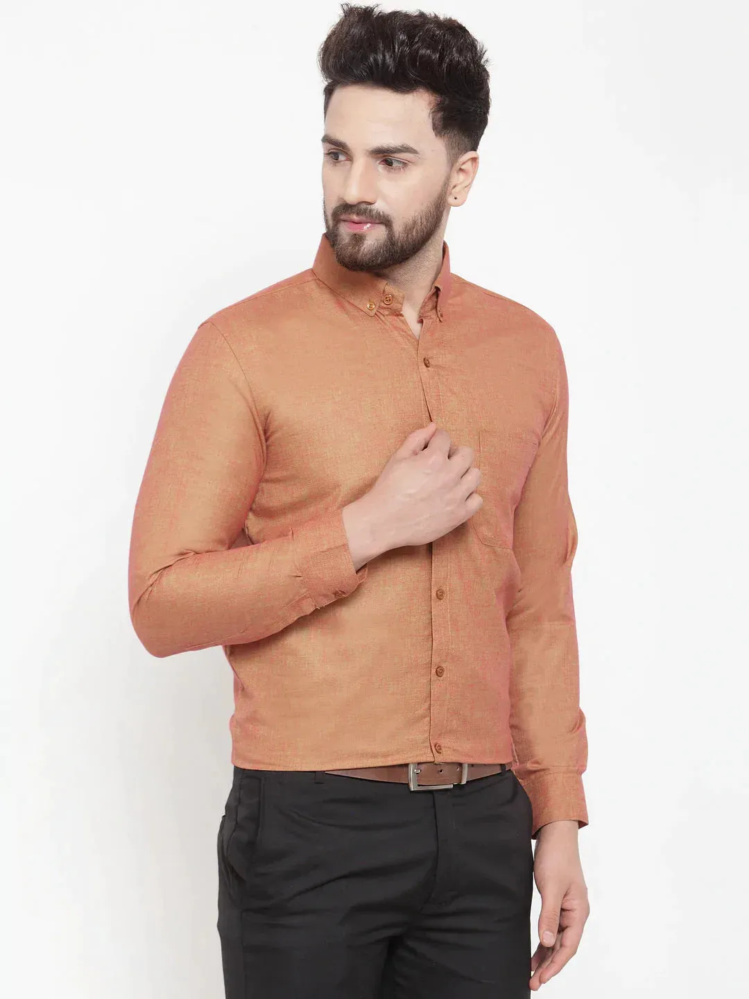 Orange Men'S Cotton Solid Button Down Formal Shirts