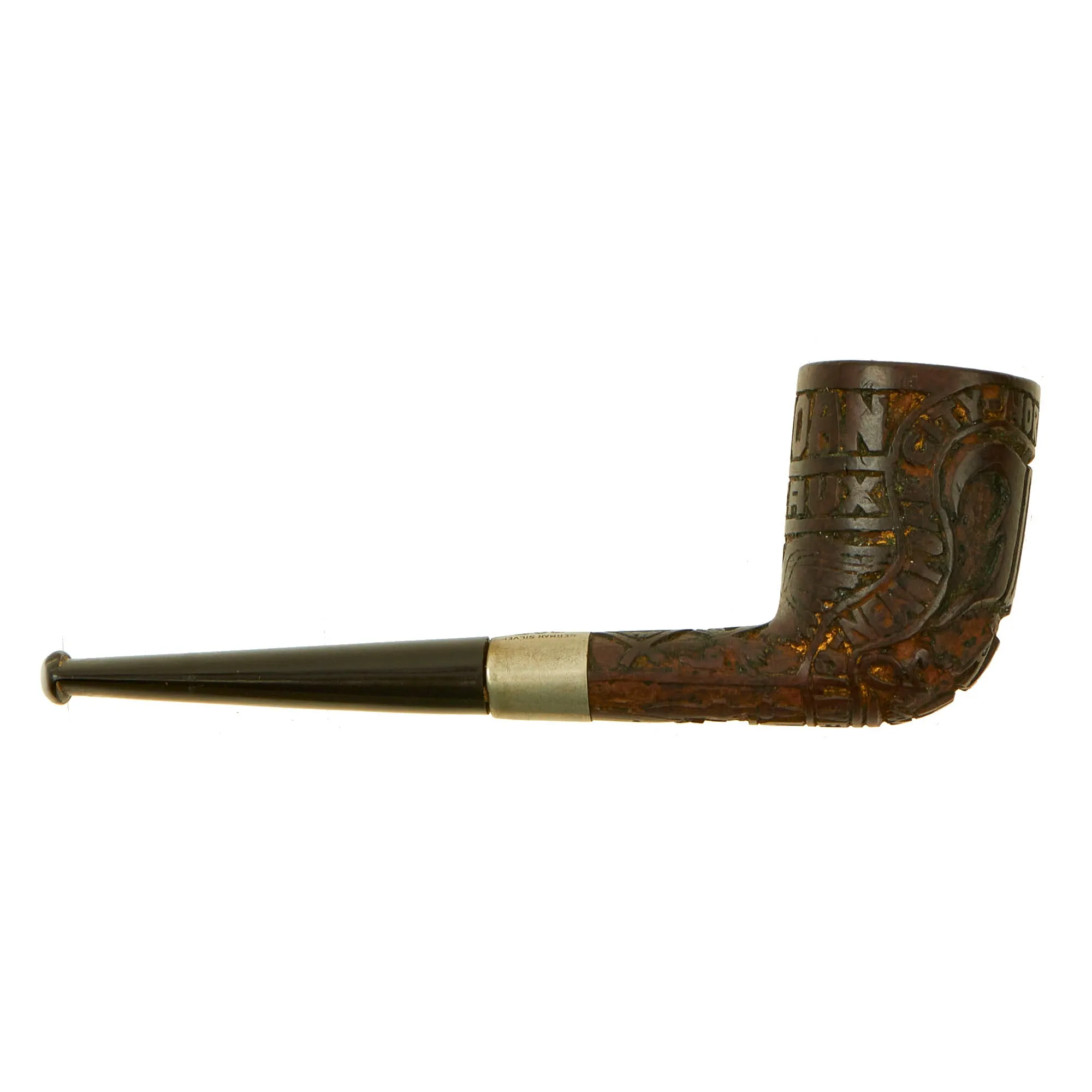 Original U.S. WWI U.S.S. Ohioan French Briar Carved Pipe by Colossus Pipe Factory With Patriotic Motifs and Leather Case